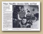 Photo of the Stauffer Family six years after they escaped from captivity in Shiue’s home.  Part of a St. Paul Pioneer Press feature article dated January 5, 1986 entitled “Mary Stauffer chooses Faith Over Fear.” <br>
Courtesy of Minnesota Historical Society
 » Click to zoom ->